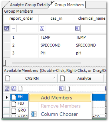 Right-clicking in the Group Members tab of the EQuIS Professional Groups Form shows the Available Members context menu Right-clicking in the Group Members tab of the EQuIS Professional Groups Form shows the Available Members context menu