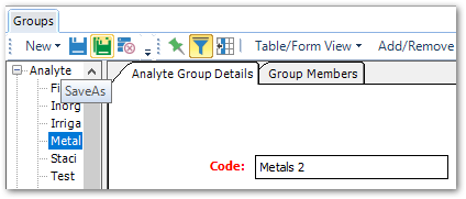 The Save As button in the EQuIS PRofessional Groups Form toolbar The Save As button in the EQuIS PRofessional Groups Form toolbar
