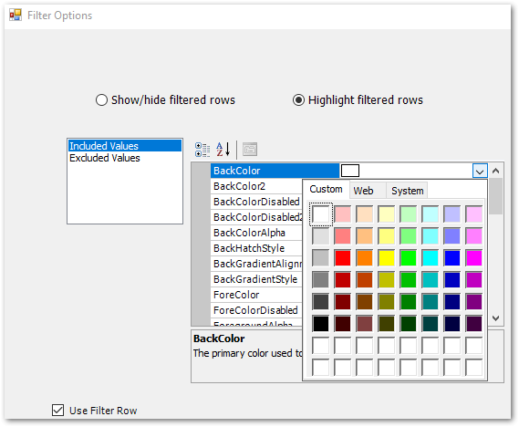 Filter Options Preference Menu with BackColor Palette Displayed Filter Options Preference Menu with BackColor Palette Displayed